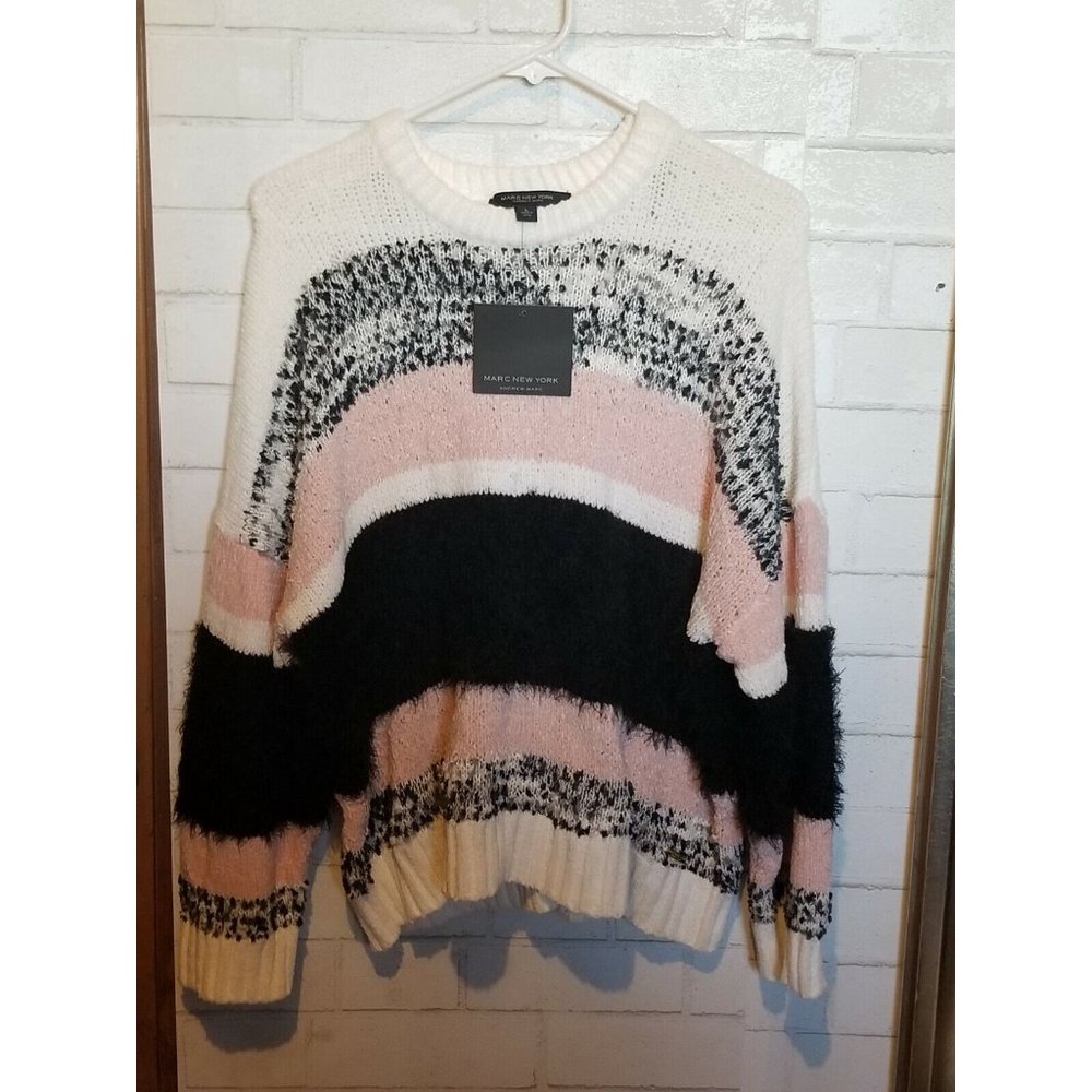 Womens Marc New York Pullover Sweater Size Large Striped Textured Fuzzy Knit